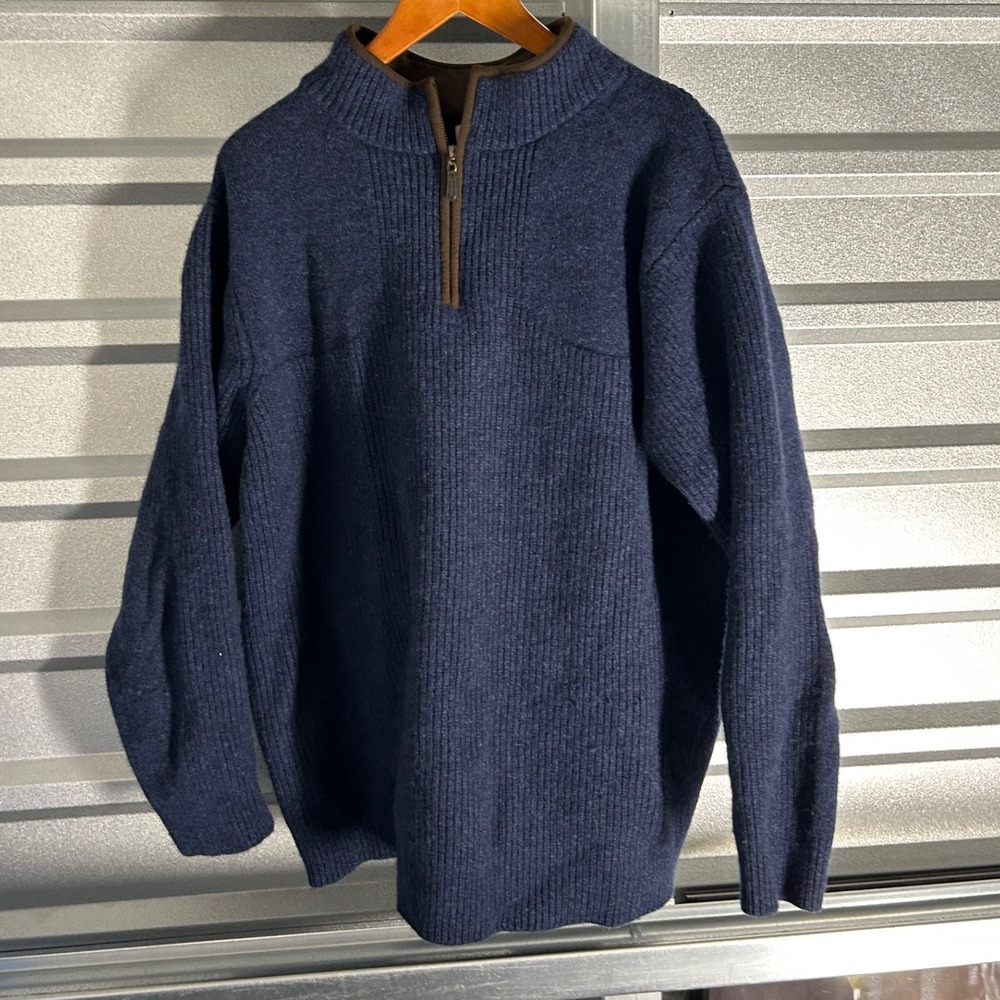 LL Bean Quarter Zip Sweater Mens XXL Tall Blue Merino Lambswool Ribbed Knit